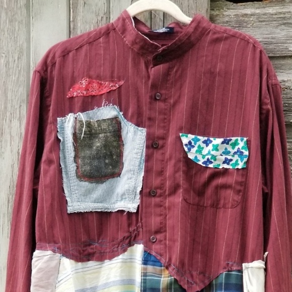 Boho Patchwork Plaid Shirt Dress Upcycled    - Picture 3 of 8